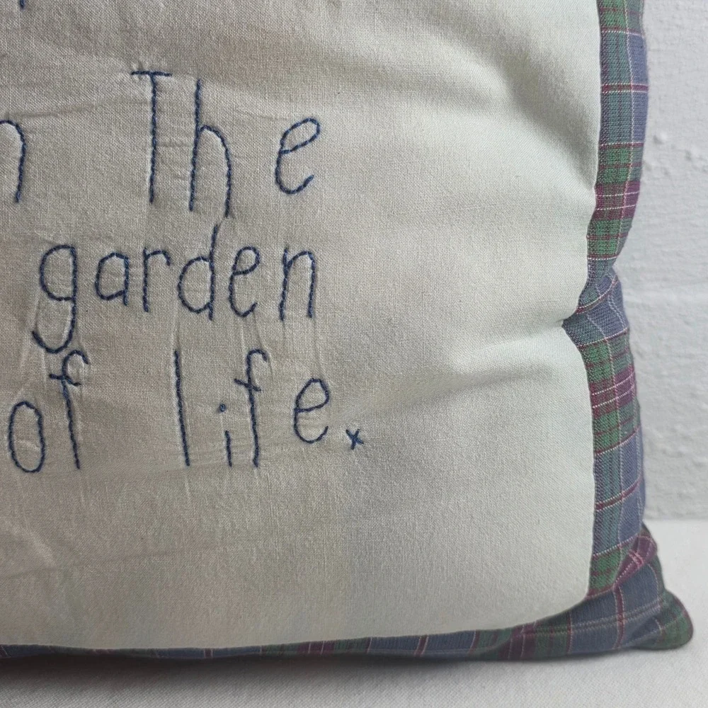 Embroidered Sisters Gift Floral Plaid Throw Pillow Cream Cottagecore